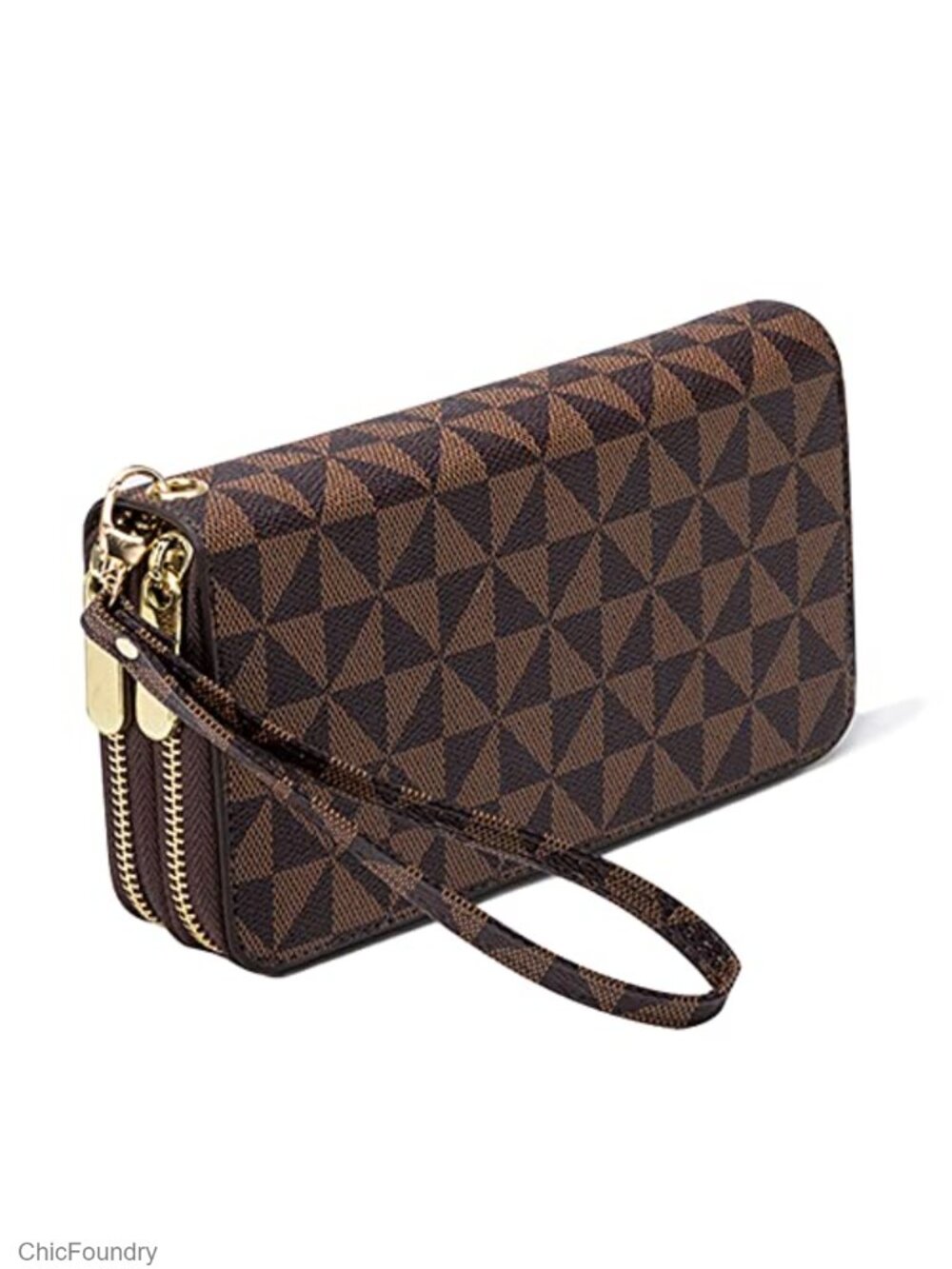 Women's Leather Double Zipper Wallet with Wrist Strap Long Clutch